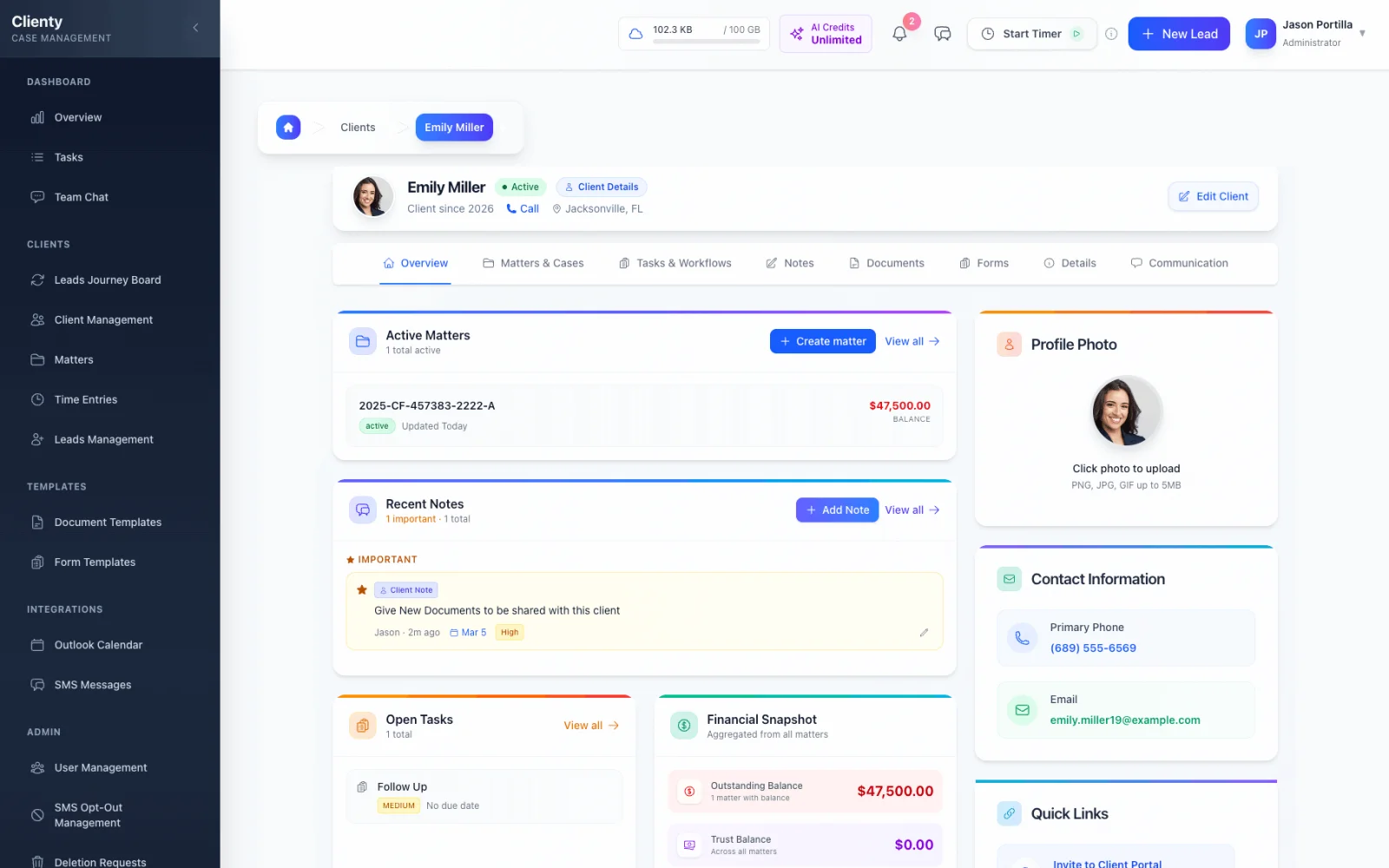 Clienty platform — client workspace with active matters, notes, and contact details