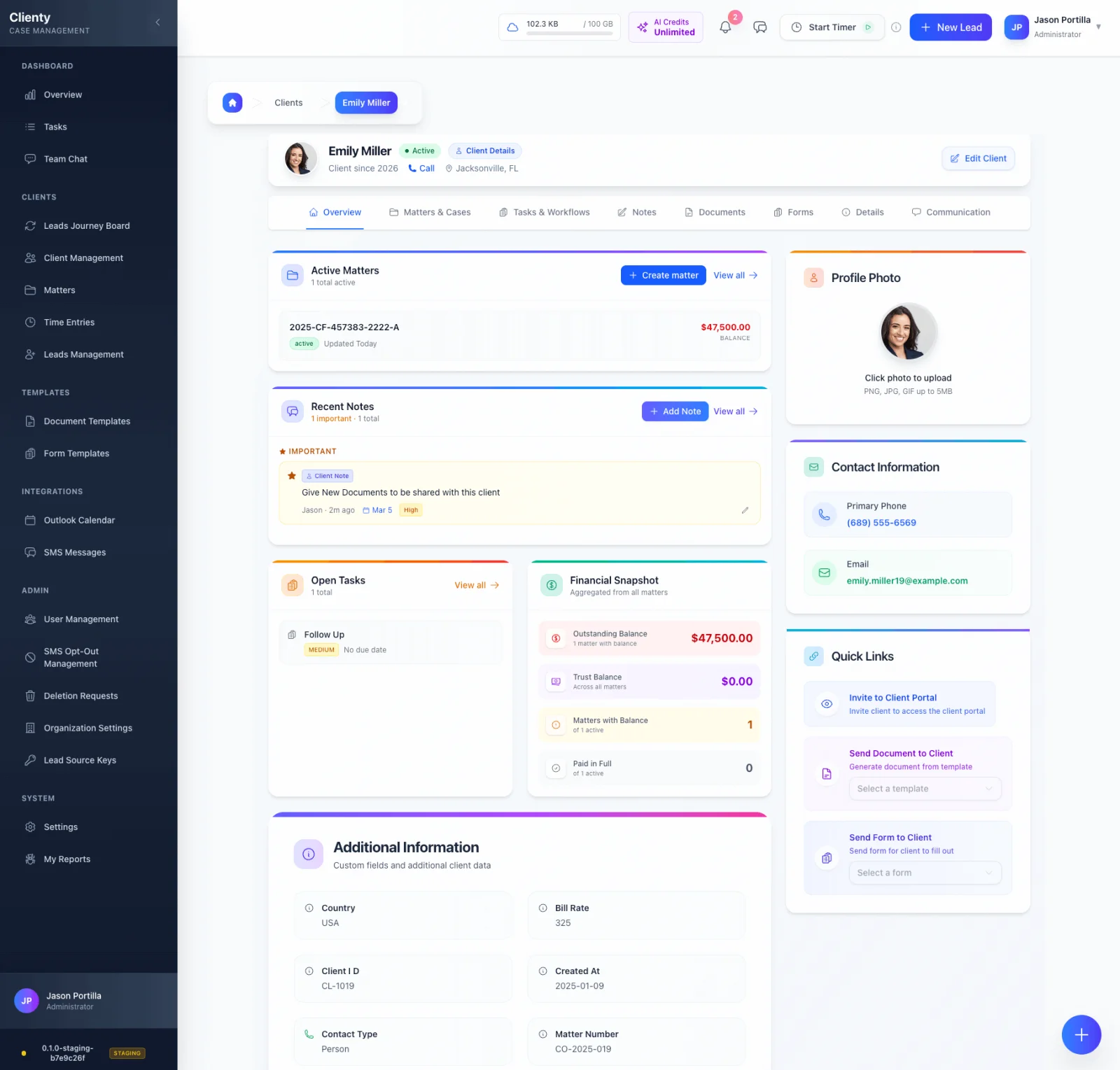 Clienty platform — full client overview page with matters, notes, tasks, and financials