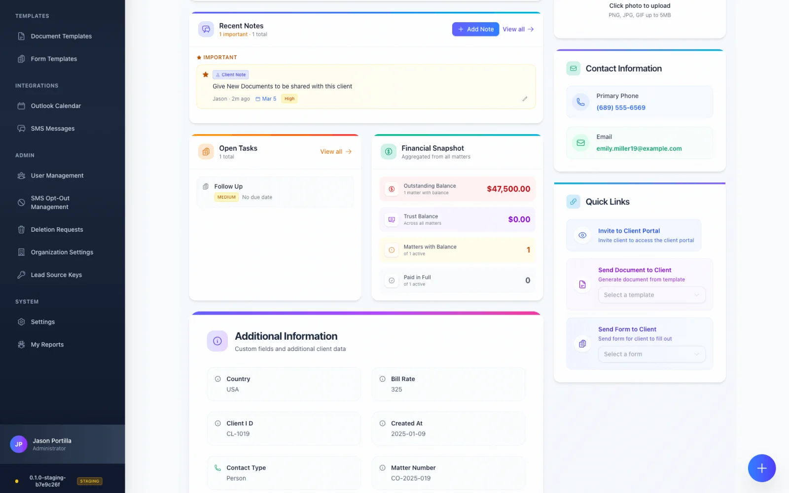 Clienty platform — open tasks, financial snapshot, and client portal quick actions